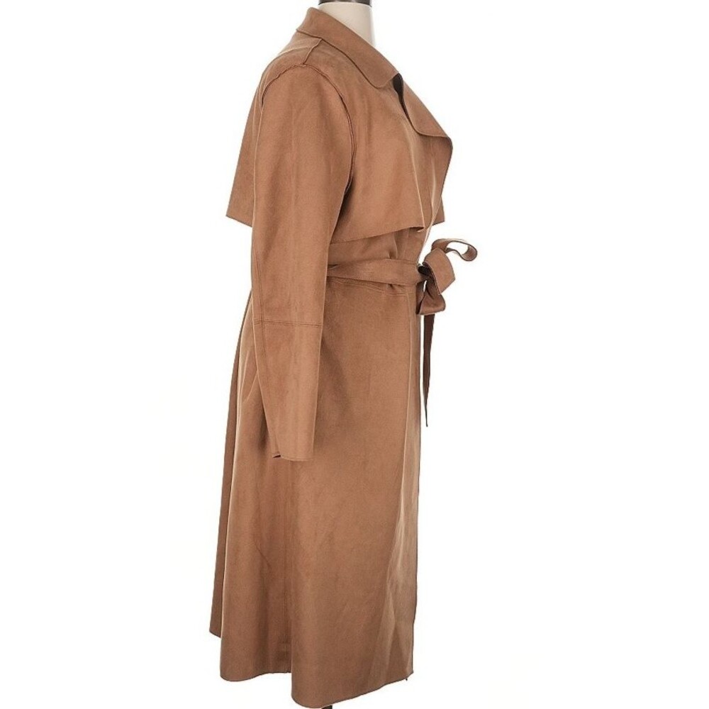DESIGNER H&M TAN FAUX SUEDE BELTED MIDI LENGTH 48" TRENCH COAT SIZE XLARGE - Picture 2 of 16